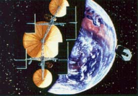 A giant comsat platform constructed in-orbit mostly from asteroidal and lunar materials